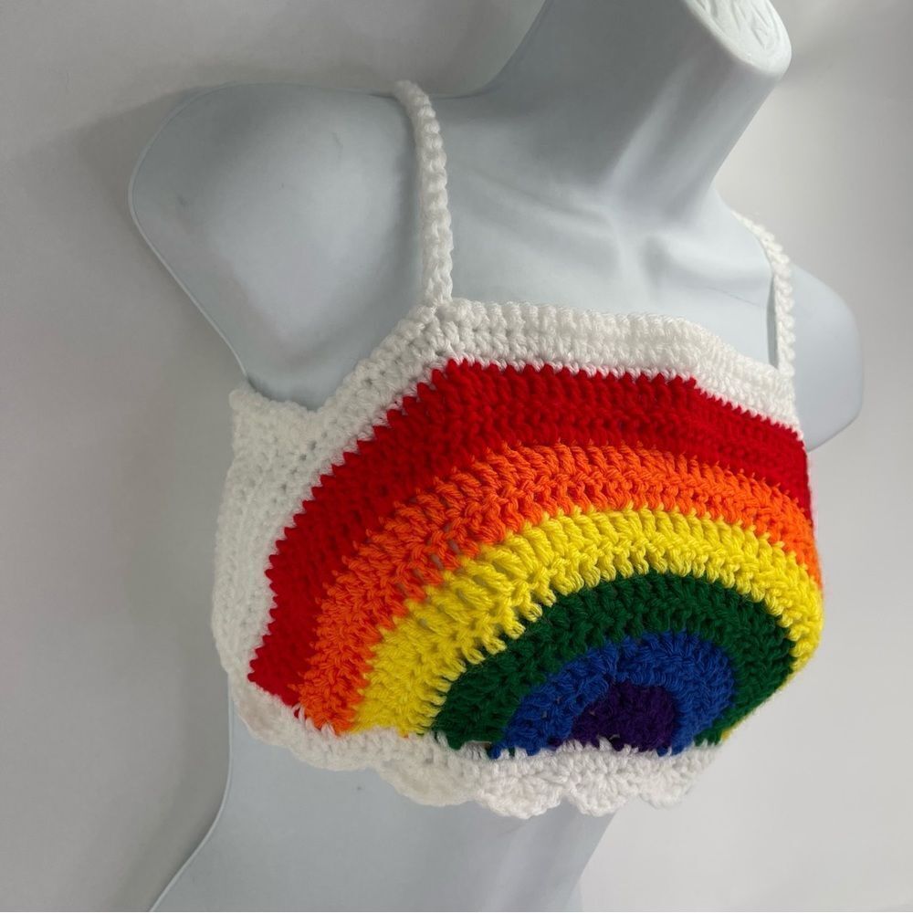 Handmade Napper brand rainbow crop top halter adjustable pride crochet XL NEW - Picture 12 of 16